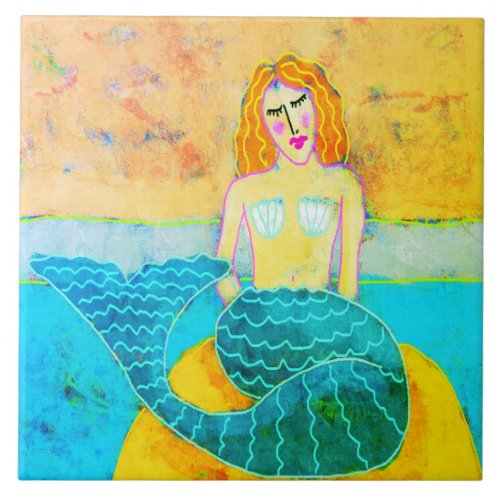 Mermaid on a Rock Abstract Art Ceramic Tile