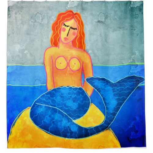 Mermaid on a Rock Abstract Art Shower Curtain