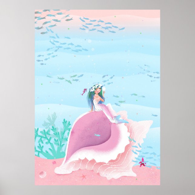 Mermaid on a Shell pastel color poster (Front)