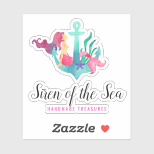 Mermaid on Anchor Nautical Watercolor Beach Logo Sticker