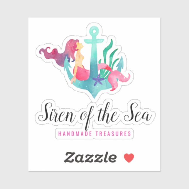 Mermaid on Anchor Nautical Watercolor Beach Logo Sticker (Sheet)