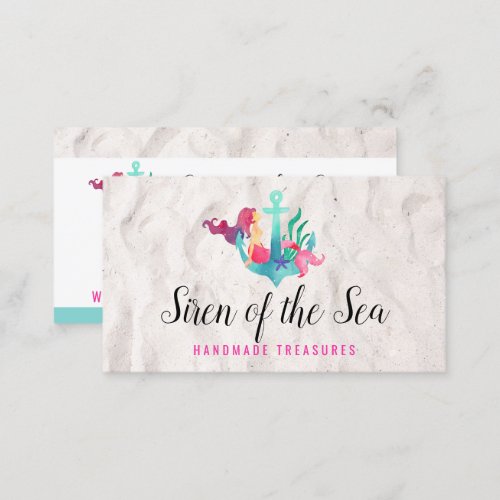 Mermaid on Anchor Nautical Watercolor Beach Sand Business Card
