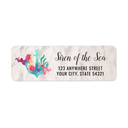 Mermaid on Anchor Nautical Watercolor Beach Sand Label