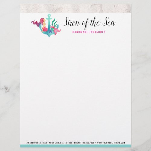 Mermaid on Anchor Nautical Watercolor Beach Sand Letterhead