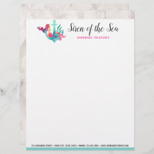 Mermaid on Anchor Nautical Watercolor Beach Sand Letterhead