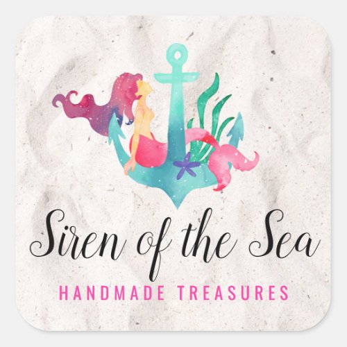 Mermaid on Anchor Nautical Watercolor Beach Sand Square Sticker