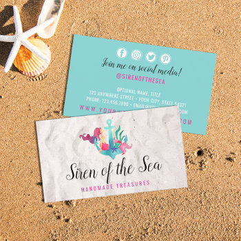 Mermaid On Anchor Nautical Watercolor Social Media Business Card by CyanSkyDesign at Zazzle