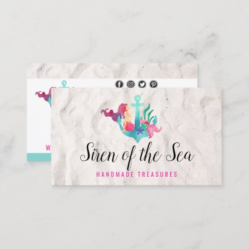 Mermaid on Anchor Nautical Watercolor Social Media Business Card