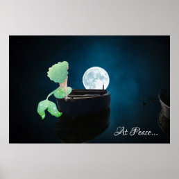 Mermaid on Boat At Peace Under the Full Moon Poster