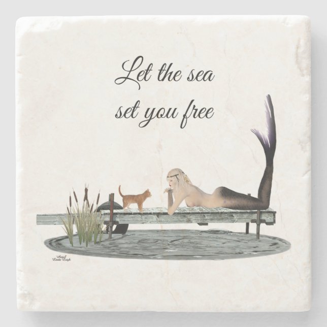 Mermaid On Boat Dock Stone Coaster (Front)