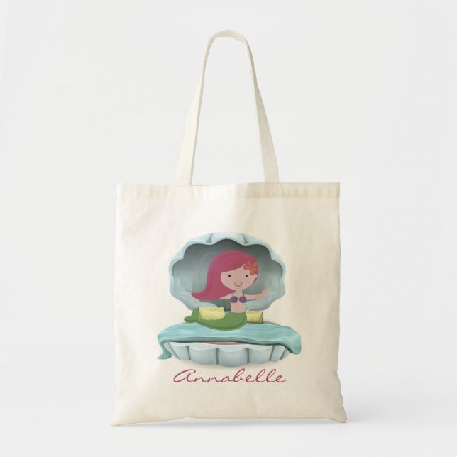 Mermaid on Clamshell Bed Personalize Tote Bag (Front)