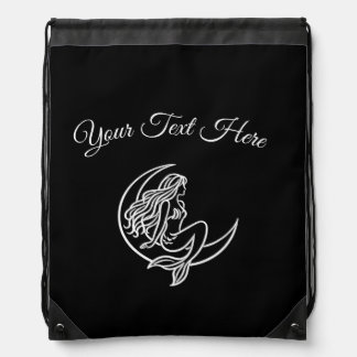 Mermaid on Crescent Moon (White Line Art) Drawstring Bag