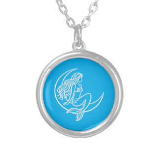 Mermaid on Crescent Moon (White Line Art) Silver Plated Necklace