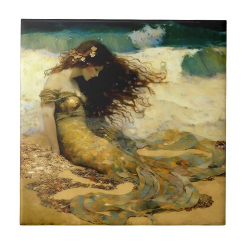 Mermaid on Golden Sands Ceramic Tile