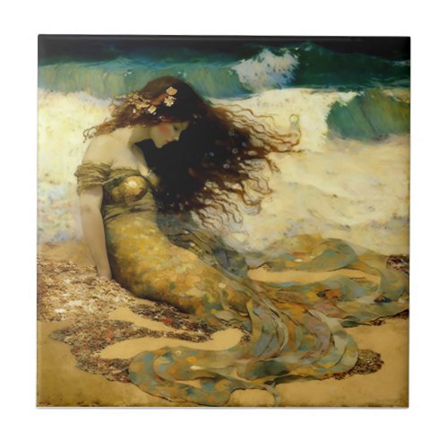 Mermaid on Golden Sands Ceramic Tile