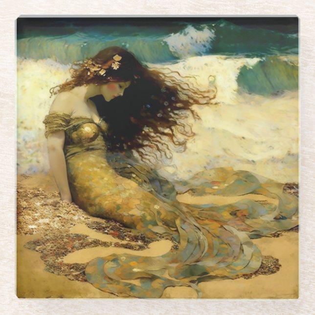 Mermaid on Golden Sands Glass Coaster (Front)