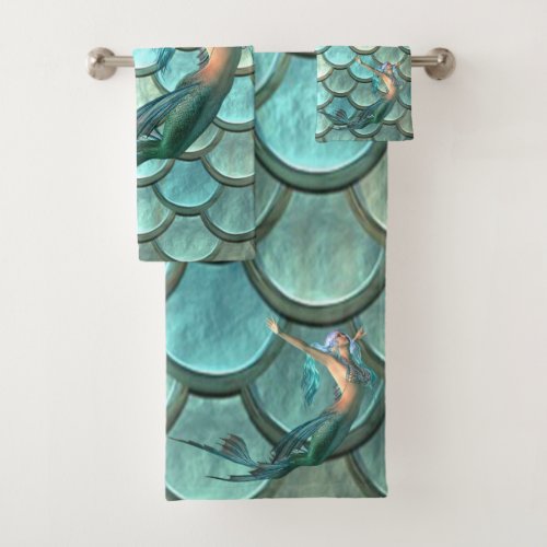 Mermaid On Mermaid Tail Scales Bath Towel Set