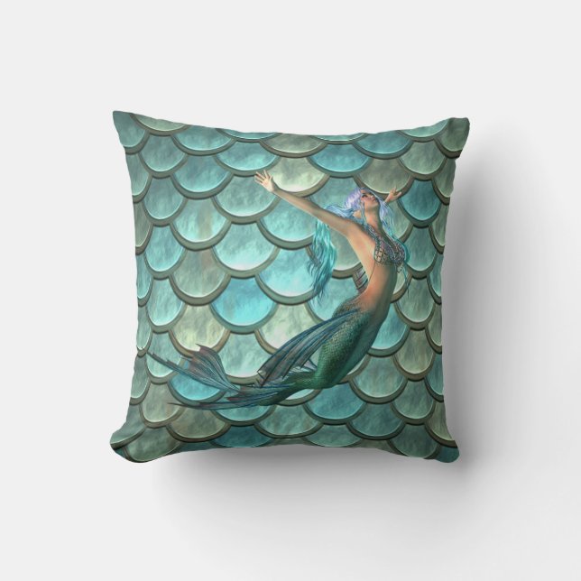 Mermaid On Mermaid Tail Scales Throw Pillow (Front)