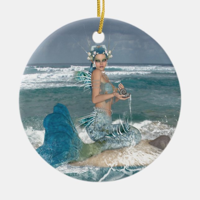 Mermaid on Rock Ceramic Ornament (Front)