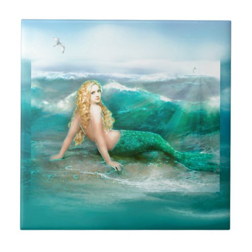 Mermaid on Shore with Aqua Waves and Seagulls Ceramic Tile