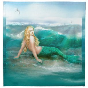 Mermaid on Shore with Aqua Waves and Seagulls Napkin
