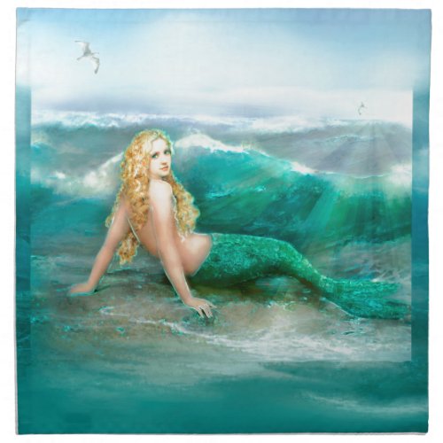 Mermaid on Shore with Aqua Waves and Seagulls Napkin
