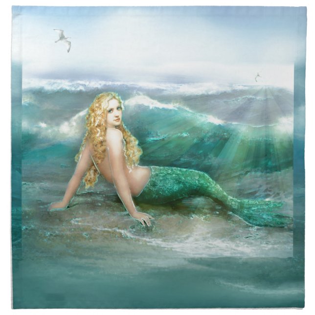 Mermaid on Shore with Aqua Waves and Seagulls Napkin (Front)