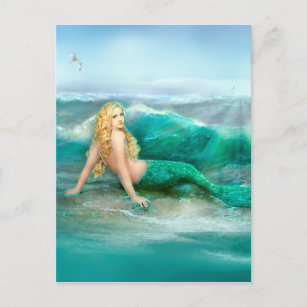 Mermaid on Shore with Aqua Waves and Seagulls Postcard