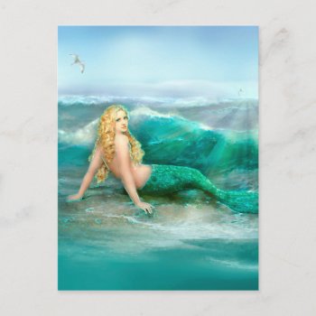Mermaid On Shore With Aqua Waves And Seagulls Postcard by Eloquents at Zazzle