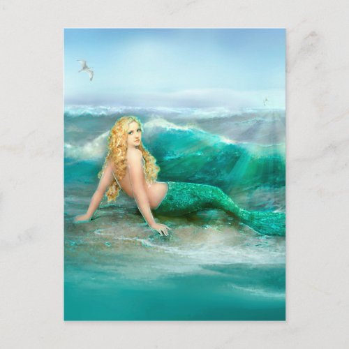 Mermaid on Shore with Aqua Waves and Seagulls Postcard