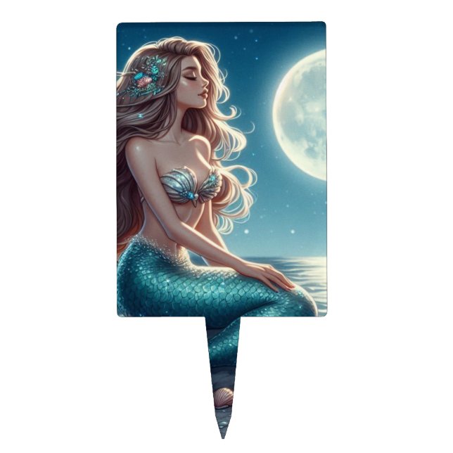 Mermaid on the beach at night cake topper (Front)