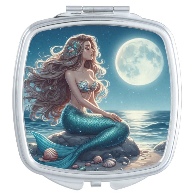 Mermaid on the beach at night compact mirror (Front)