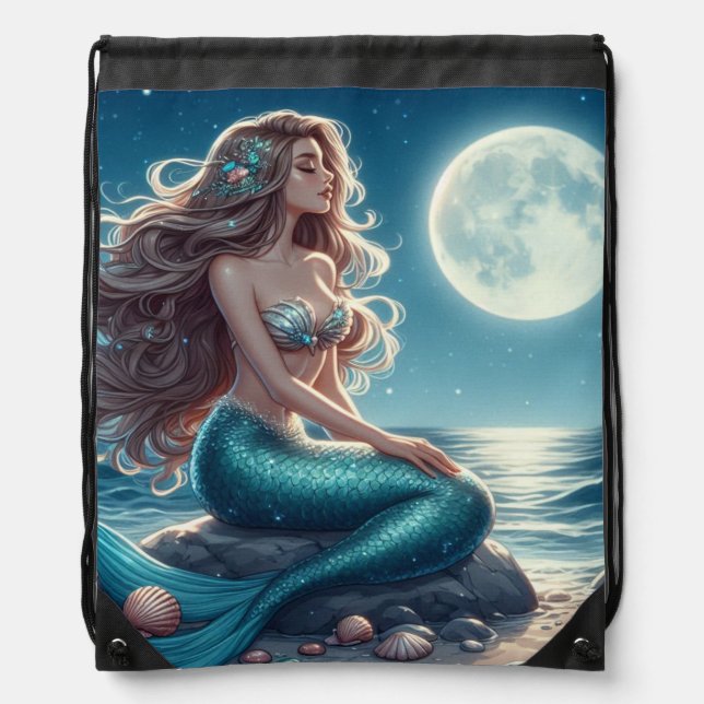 Mermaid on the beach at night drawstring bag (Front)