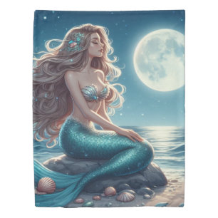 Mermaid on the beach at night duvet cover