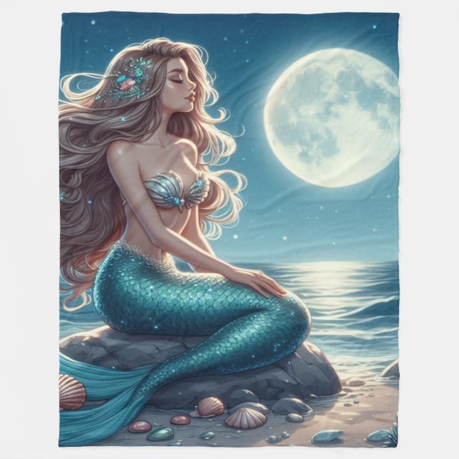 Mermaid on the beach at night fleece blanket (Front)