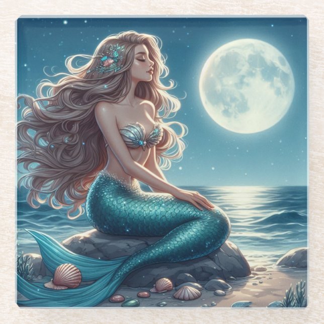 Mermaid on the beach at night glass coaster (Front)