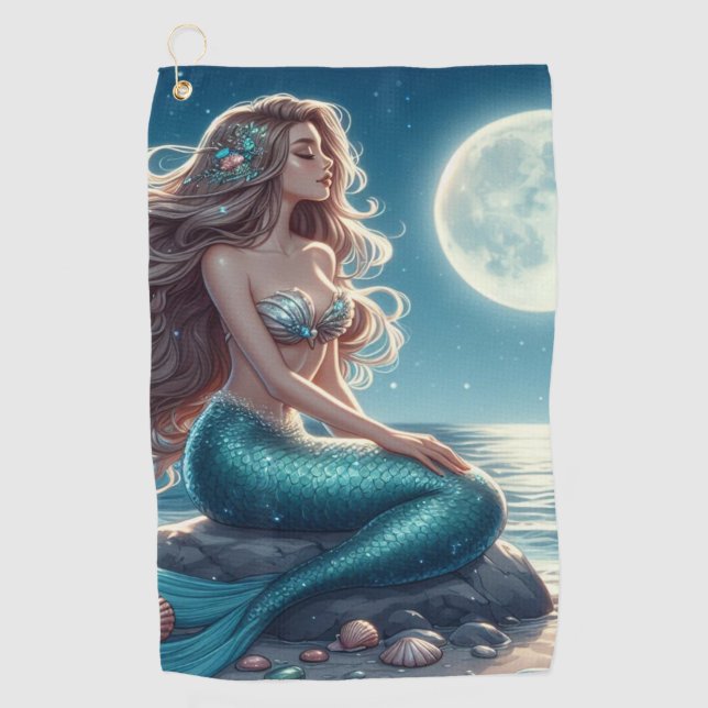 Mermaid on the beach at night golf towel (Front)