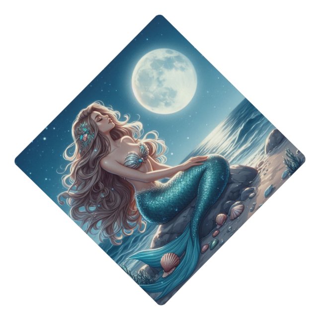 Mermaid on the beach at night graduation cap topper (Front)