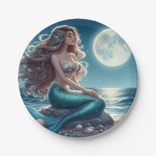 Mermaid on the beach at night paper plates