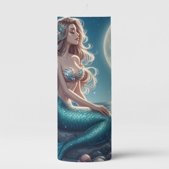 Mermaid on the beach at night pillar candle (Front)