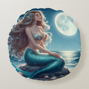 Mermaid on the beach at night round pillow
