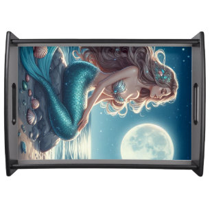 Mermaid on the beach at night serving tray