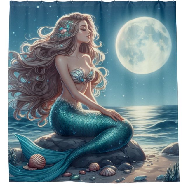 Mermaid on the beach at night shower curtain (Front)