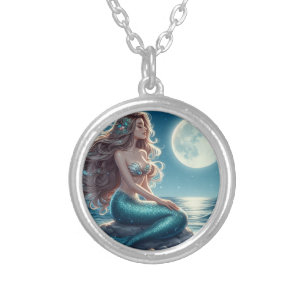 Mermaid on the beach at night silver plated necklace