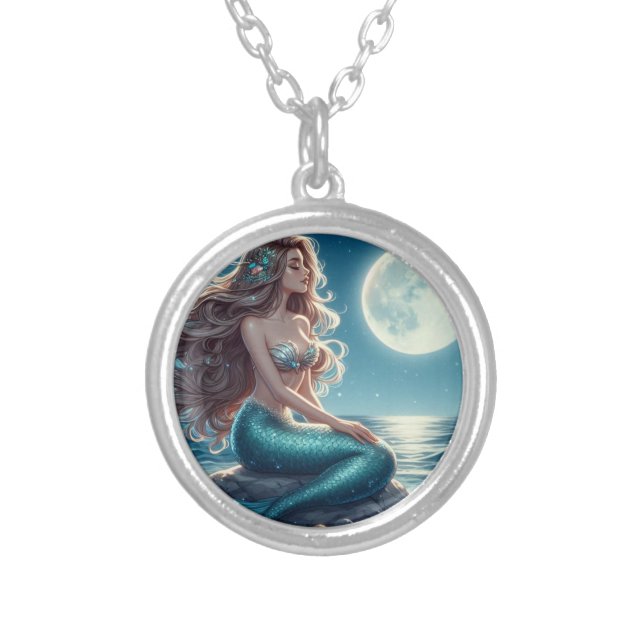 Mermaid on the beach at night silver plated necklace (Front)