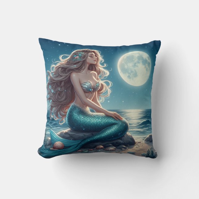 Mermaid on the beach at night throw pillow (Front)