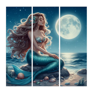 Mermaid on the beach at night triptych