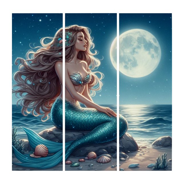 Mermaid on the beach at night triptych (Front)