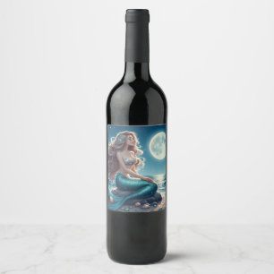 Mermaid on the beach at night wine label