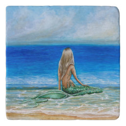 Mermaid on the beach stone coastal trivet